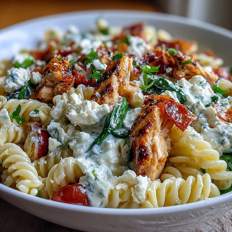 Wholesome high protein pasta bowl with juicy grilled chicken, wilted spinach, and creamy cottage cheese for a balanced dinner.