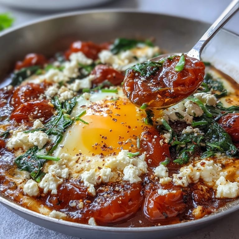 Vibrant skillet shakshuka featuring runny eggs, wilted spinach, and tangy feta in a rich tomato base, served with crusty bread.  