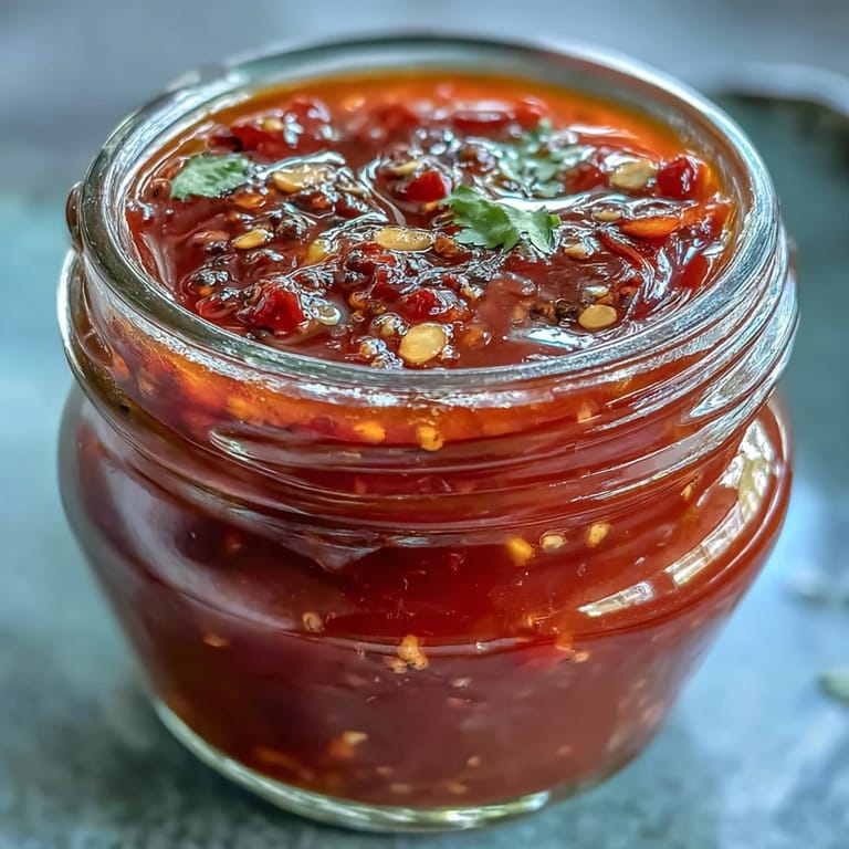 Fiery red fermented hot sauce with a tangy aroma, showcasing fresh chili peppers and garlic in a rustic glass jar.  