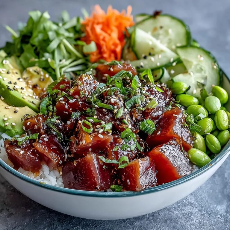 Colorful poke bowl featuring sushi-grade tuna, julienned carrots, edamame, and nori strips, served over seasoned rice with sesame dressing.
