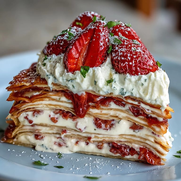 This Mother's Day Crêpe Cake features creamy strawberry filling between delicate, golden crepes.