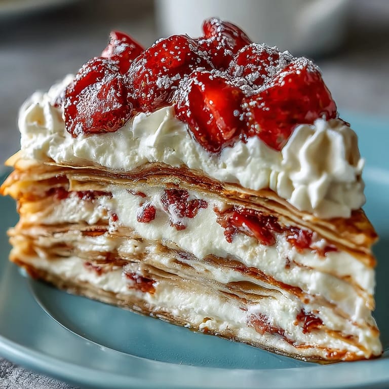 Showcasing a beautiful Mother's Day Crêpe Cake, ready to be sliced and enjoyed.