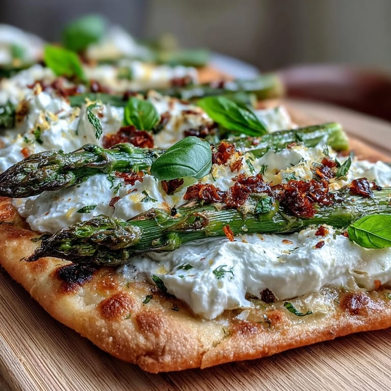 Delicious Roasted Asparagus Flatbread with Burrata, lemon zest and fresh basil.
