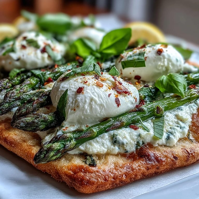 Easy Roasted Asparagus Flatbread pizza, perfect spring appetizer with melted burrata.