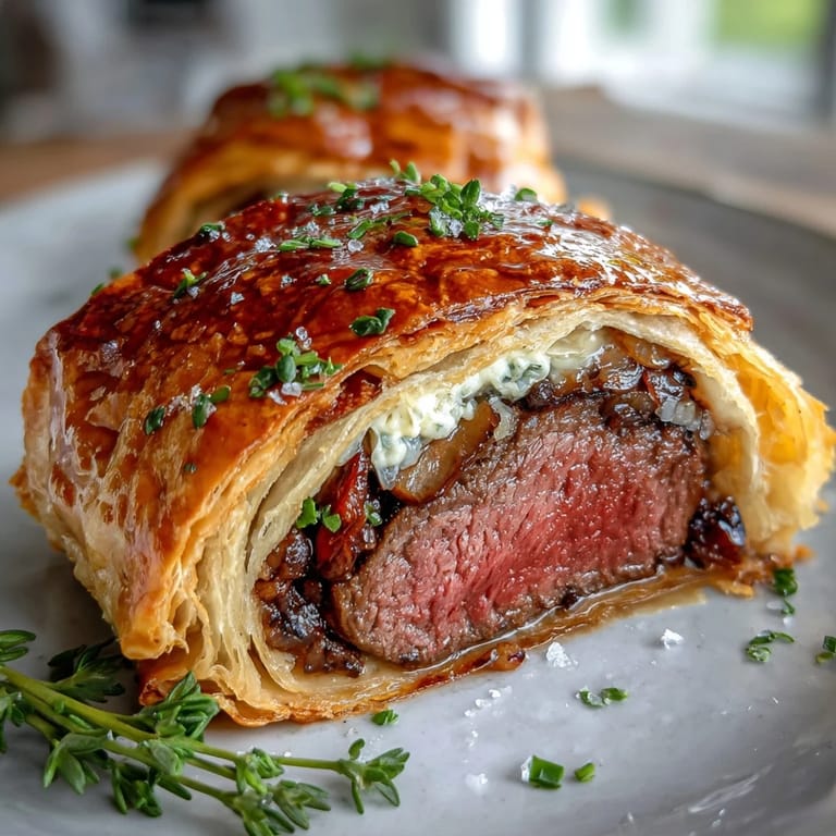 Elegant Individual Beef Wellington parcels showcasing seared beef medallions wrapped in flaky puff pastry with savory prosciutto and mushroom filling.