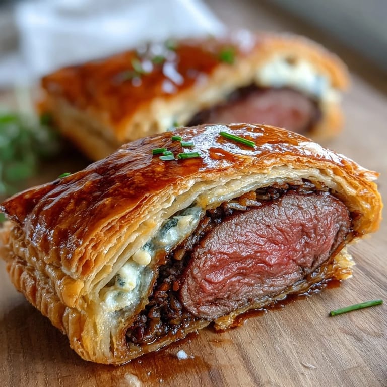 Gourmet Individual Beef Wellington appetizers with crisp golden pastry, juicy beef tenderloin, and aromatic mushroom duxelles, perfect for special occasions.