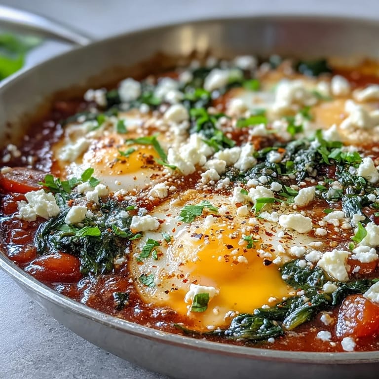 Warm and comforting spinach and feta shakshuka, blending aromatic spices, fresh greens, and perfectly poached eggs for a satisfying meal.