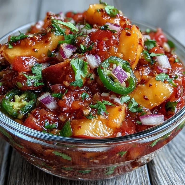 Fresh Fricy Peach Jalapeño Salsa, a colorful, zesty topping for summer fish.