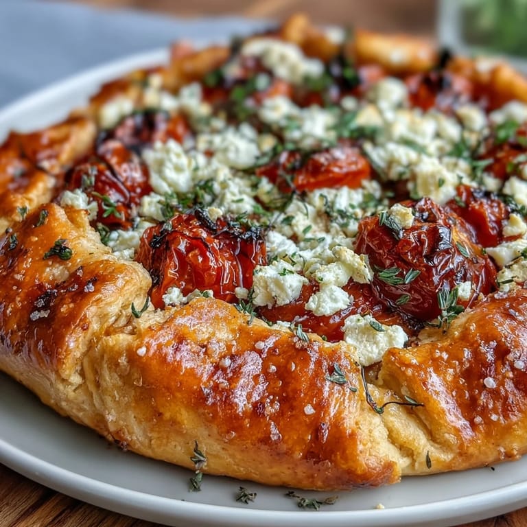 Buttery galette with blistered cherry tomatoes and crumbly feta, ready to serve.