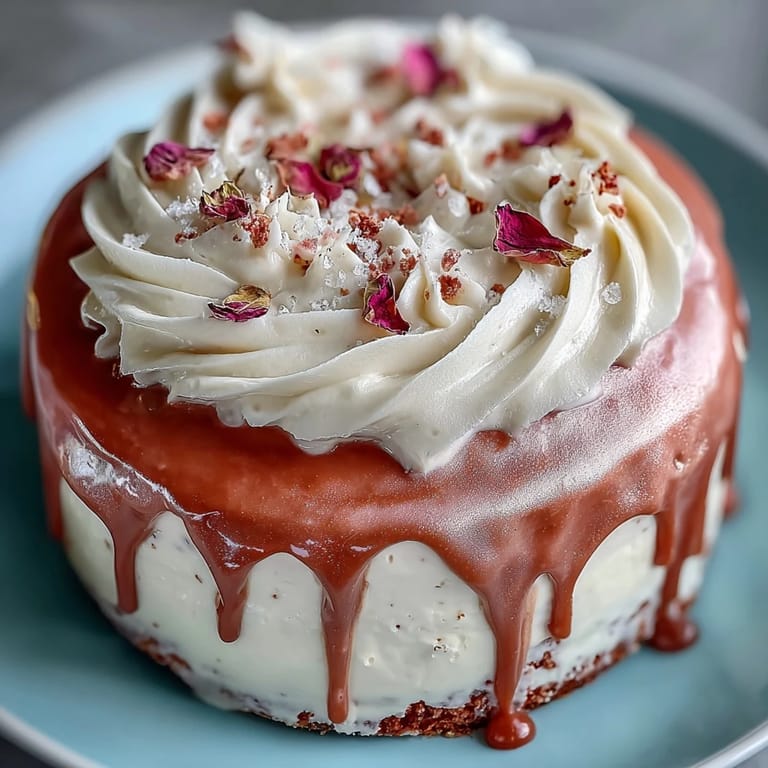Moist rosé velvet cake with smooth cream cheese frosting and shimmering gold accents.