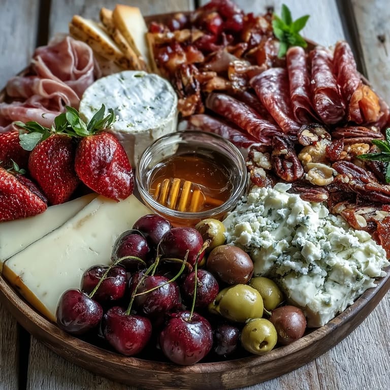 Beautifully arranged Summer Charcuterie Board ready for guests, with honey and nuts.
