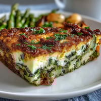 Fluffy spring veggie frittata loaded with asparagus, goat cheese, and fresh herbs, ready for a sunny brunch table.  