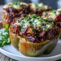 Vibrant stuffed bell peppers filled with quinoa, herbs, and vegetables, baked until tender for a colorful vegetarian meal.