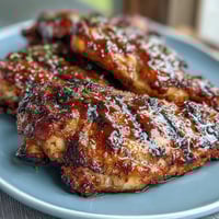 Honey garlic grilled chicken thighs with caramelized glaze and fresh herbs on a serving platter.