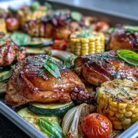 A colorful sheet pan chicken dinner with zucchini, corn, and cherry tomatoes, all roasted to perfection.