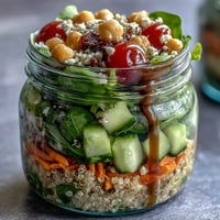Vibrant mason jar salads layered with fresh greens, cherry tomatoes, and chickpeas for a healthy meal prep.  