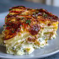 Creamy scalloped potatoes with Gruyere cheese, baked to golden perfection with layers of tender Yukon Gold potatoes in a rich garlic cream sauce.  