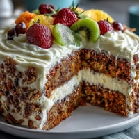 Festive Easter dessert table featuring carrot cake with cream cheese frosting, pavlova with fresh berries, and lemon tart with a golden crust.