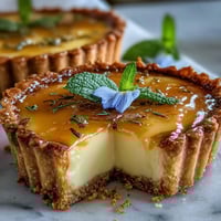 Elegant lemon curd spring tart with silky, tangy filling in a crisp, buttery shell, adorned with fresh edible flowers for a stunning presentation.