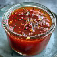 A vibrant jar of homemade fermented hot sauce with red chilies and garlic, ready to add bold flavor to any dish.  