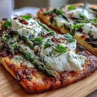 Roasted Asparagus Flatbread with Burrata: vibrant green asparagus atop creamy burrata.