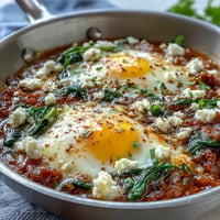 Spinach and feta shakshuka with eggs poached in spiced tomato sauce, topped with creamy feta and fresh herbs.  