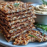 Homemade Seed Crackers piled high on a rustic wooden board, golden and crisp with visible flax, sunflower, and sesame seeds.  