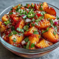 Vibrant Fricy Peach Jalapeño Salsa bursts with sweet, spicy flavors on grilled fish.