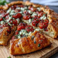 Rustic roasted cherry tomato and feta galette with flaky, golden pastry.